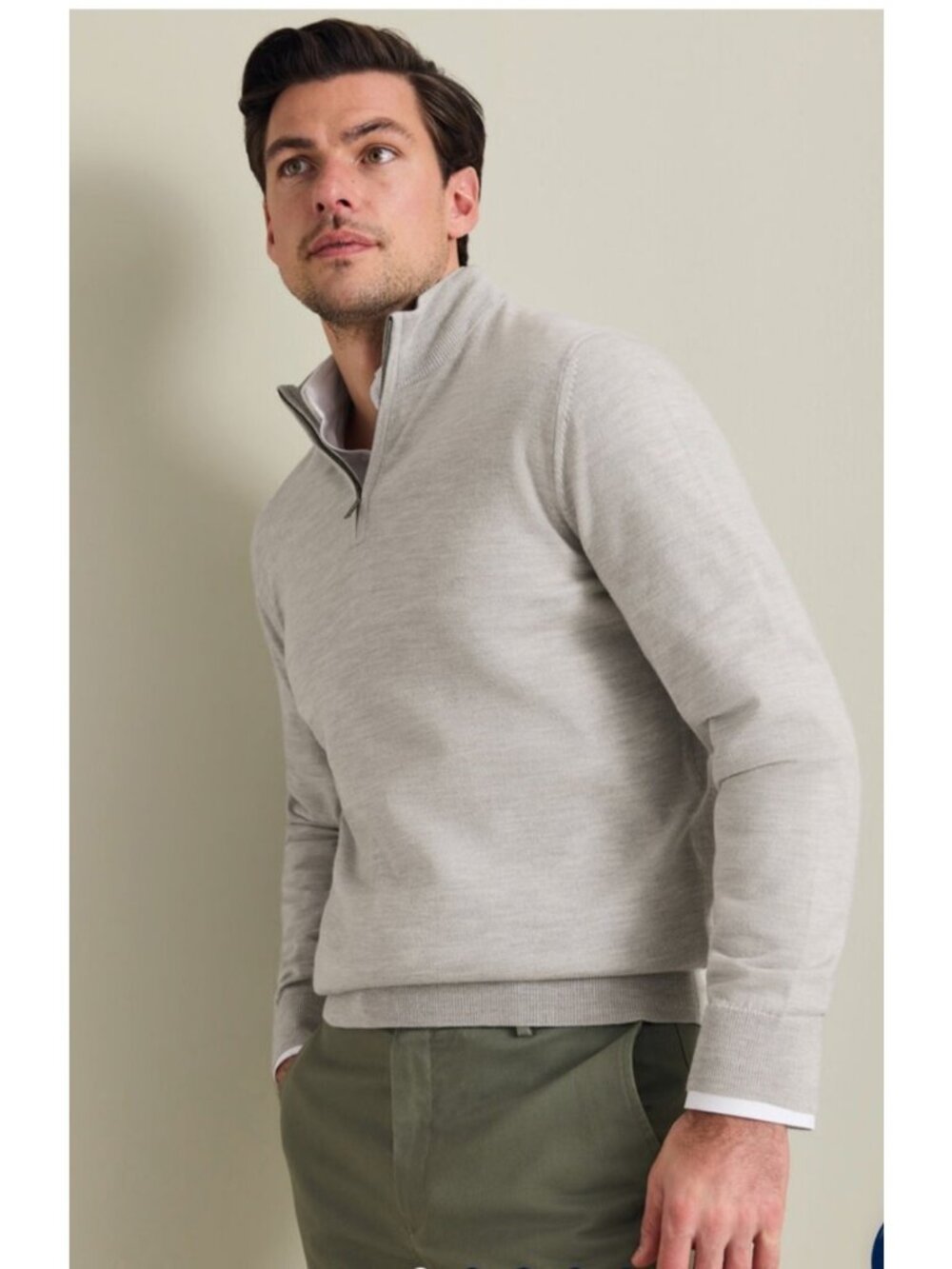 Charles Tyrwhitt Men's L 100% Extra Fine Merino Wool Quarter Zip Gray Preppy